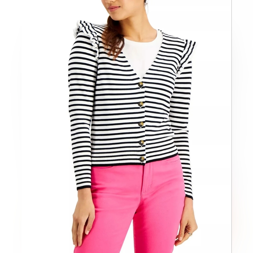 NWT Charter Club Nautical Striped Ruffle Cardigan, size Medium